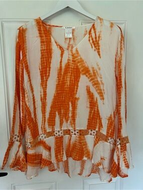 K Jordan Orange and White Tie-Dye V-Neck Ruffle Blouse